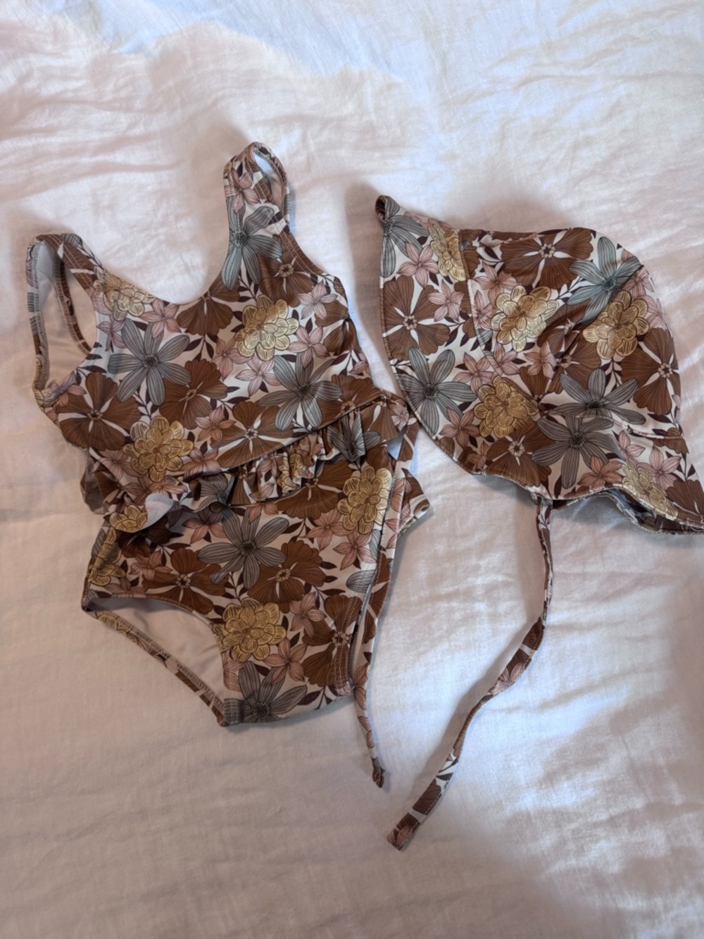 Rylee + Cru Brown Floral Ruffle Two-Piece Baby Swim Set